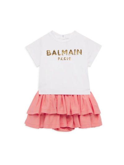 Shop Balmain Baby Girl's & Little Girl's Logo Short-sleeve Dress In White Pink
