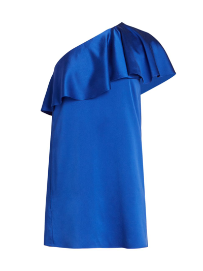Shop Saint Laurent Satin Silk One-shoulder Ruffle Minidress In Bleuvif