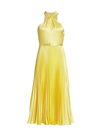 Shop ml Monique Lhuillier Women's Satin Halter Pleated Midi-dress In Lemon
