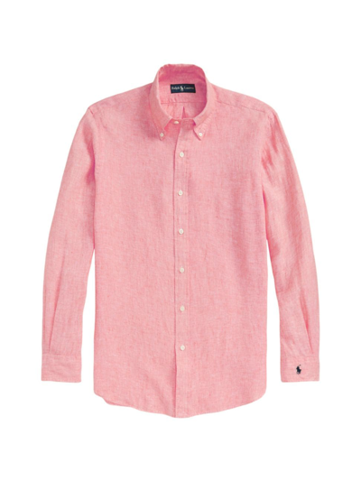 Shop Ralph Lauren Chambray Linen Button-up Shirt In Peaceful Coral White