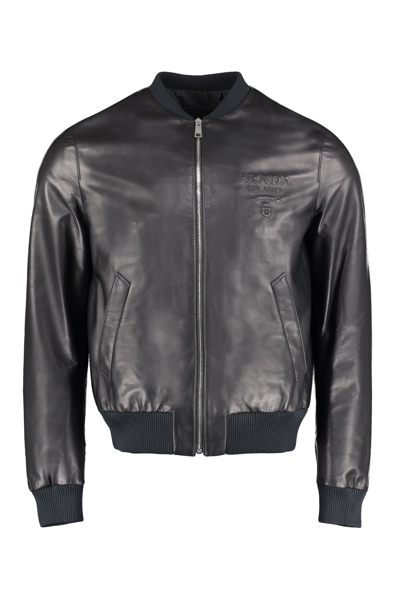 Shop Prada Ribbed Hem Leather Bomber Jacket