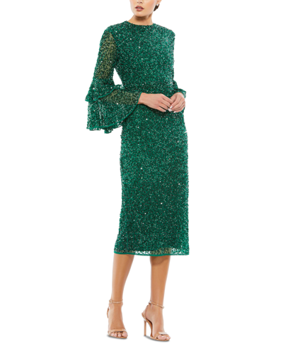 Shop Mac Duggal Women's Fully Sequined Ruffle Tiered 3/4 Sleeve Midi Dress In Deep Emerald
