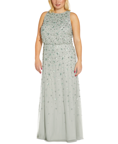 Shop Adrianna Papell Plus Size Beaded Gathered-waist Gown In Frosted Sage