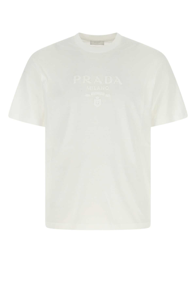 Shop Prada Logo Flocked Crewneck T-shirt In Bianco