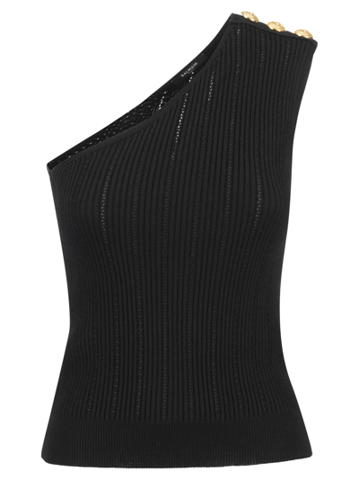 Shop Balmain Asymmetrical Crop-top In Black Eco-design Knitwear