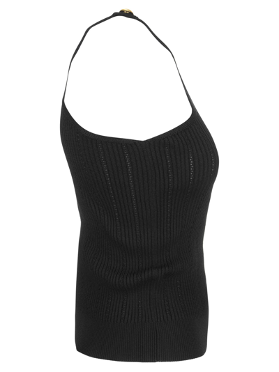 Shop Balmain Asymmetrical Crop-top In Black Eco-design Knitwear