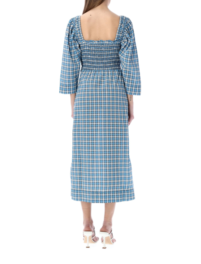 Shop Ganni Seersucker Shirred Midi Dress In Blue Check