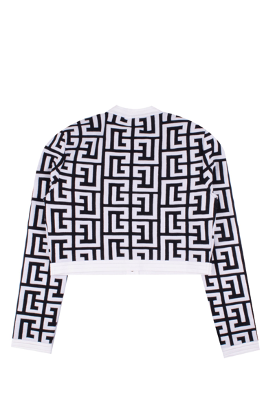Shop Balmain Wool Blend Cardigan In White/black