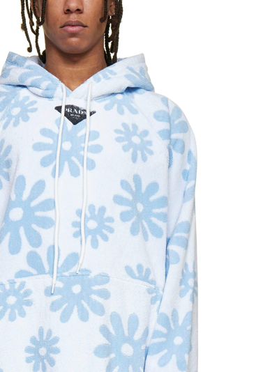 Shop Prada Flower Print Drawstring Hoodie In Azzuro