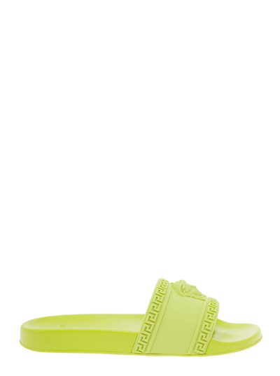 Shop Versace Mans Green Rubber Medusa Slide Sandals