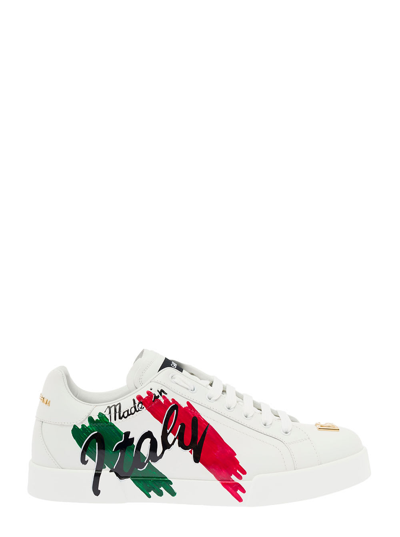 Shop Dolce & Gabbana Mans White Leather Sneakers With Made In Italy Print