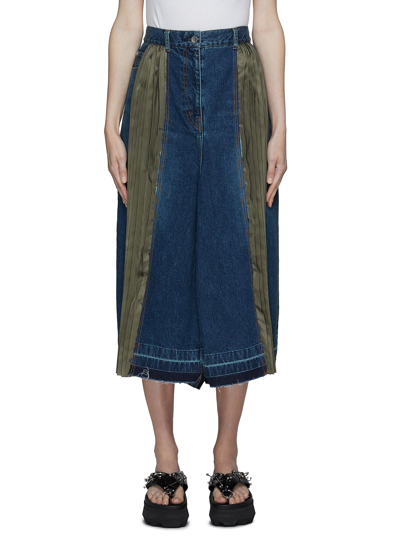 Shop Sacai Contrast Pleat Insert Denim Midi Skirt In Blue,green