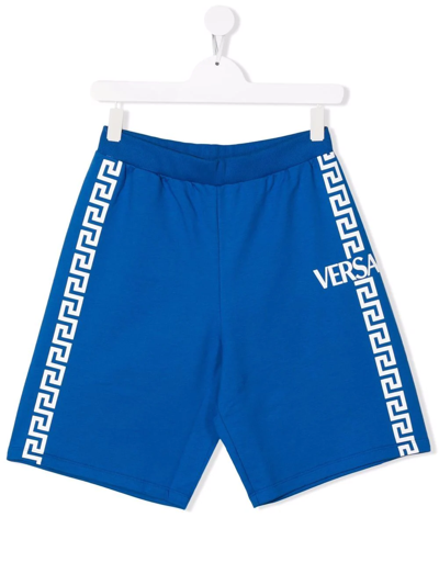 Shop Versace Teen La Greca Print Track Shorts In Blue