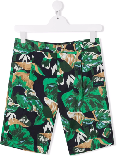 Shop Kenzo Teen Leaf-print Cotton Shorts In Green