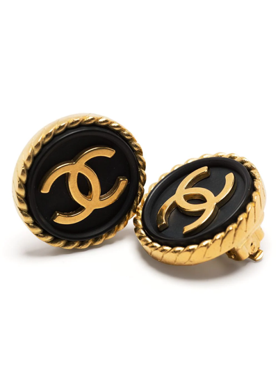 Chanel Vintage Extra Large Gold Tone Logo Black Chain Clip-On Earrings