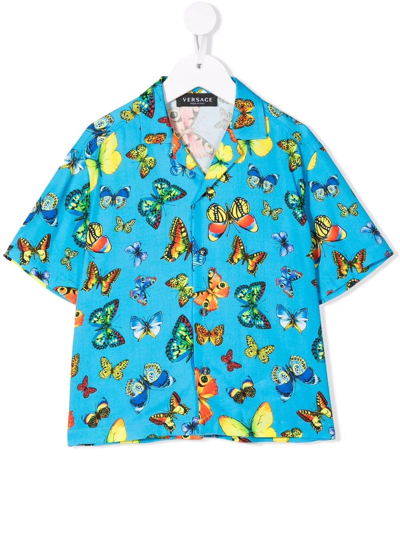 Shop Versace Butterfly-print Short-sleeved Shirt In Blue