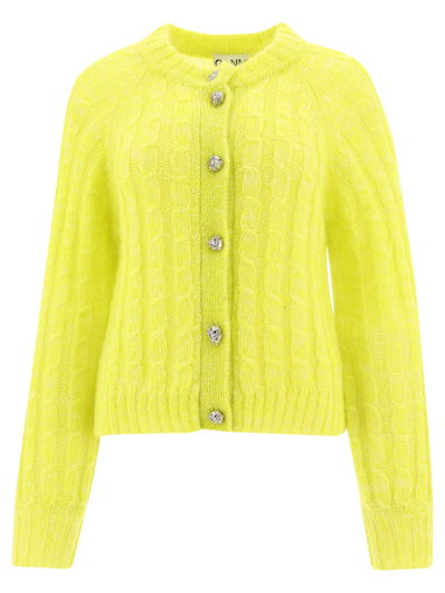 Shop Ganni Puff Sleeve Cardigan In Yellow