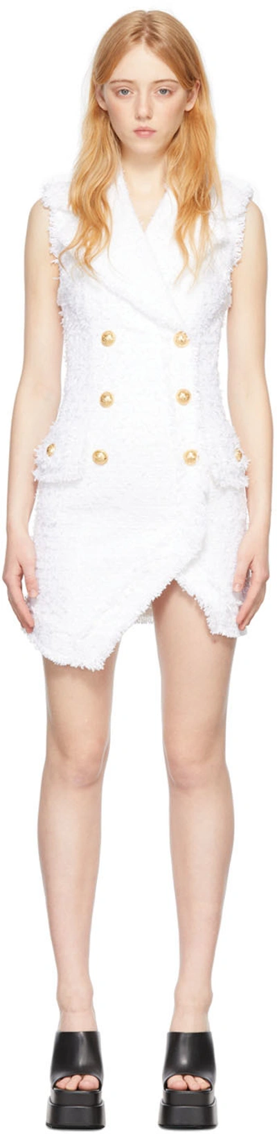 Shop Balmain White Asymmetric Tweed Short Dress In 0fa Blanc