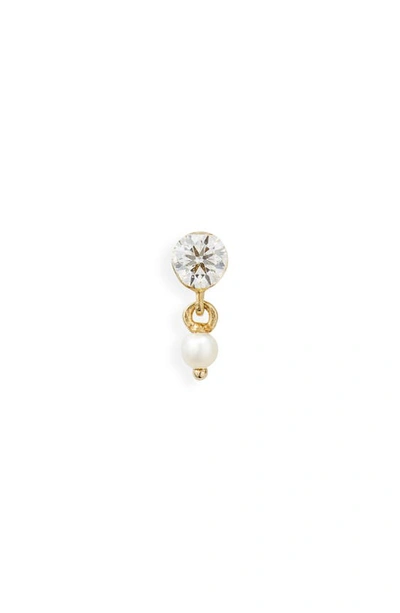 Maria Tash 18ct 3mm Invisible Set Diamond And Pearl Dangle Single Threaded Stud Earring In Yellow