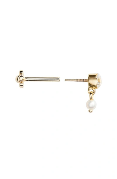 Maria Tash 18ct 3mm Invisible Set Diamond And Pearl Dangle Single Threaded Stud Earring In Yellow