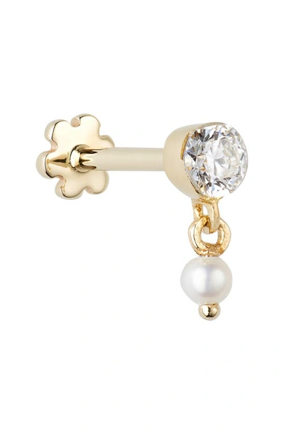 Maria Tash 18ct 3mm Invisible Set Diamond And Pearl Dangle Single Threaded Stud Earring In Yellow