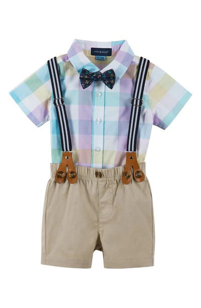 Shop Andy & Evan Check Button-up Shirt, Bow Tie, Suspenders & Shorts Set In Yellow Check