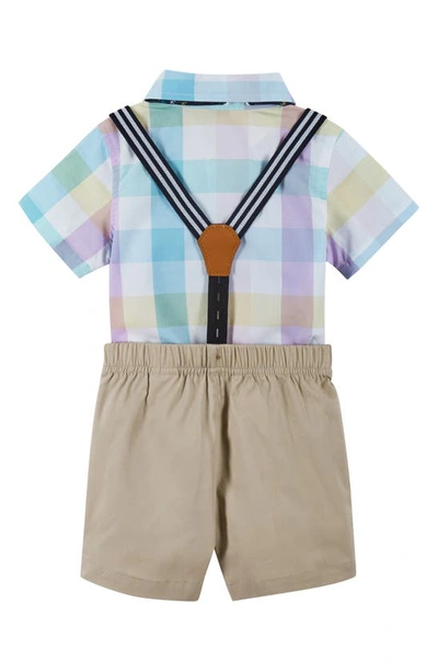 Shop Andy & Evan Check Button-up Shirt, Bow Tie, Suspenders & Shorts Set In Yellow Check