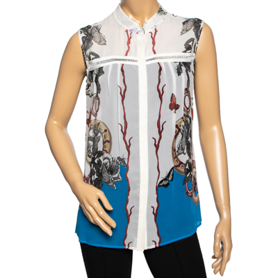 Pre-owned Roberto Cavalli White And Blue Printed Silk Sleeveless Button Front Top M