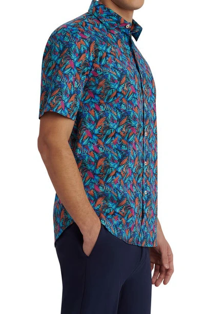 Shop Bugatchi Shaped Fit Stretch Print Short Sleeve Button-up Shirt In Teal