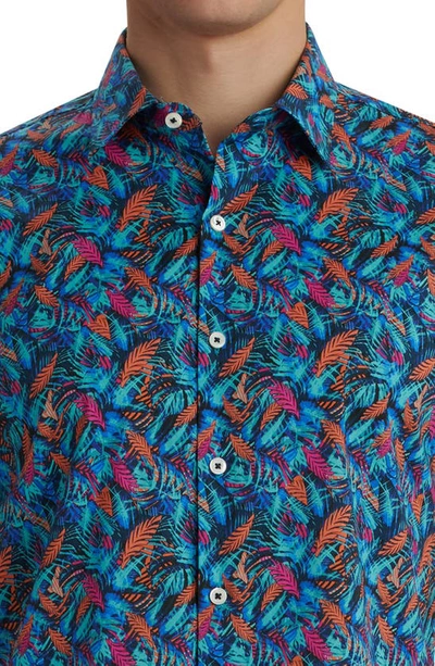 Shop Bugatchi Shaped Fit Stretch Print Short Sleeve Button-up Shirt In Teal
