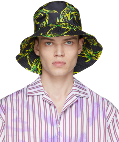 Shop Msgm Black Nylon Bucket Hat In 99 Black/yellow/gree