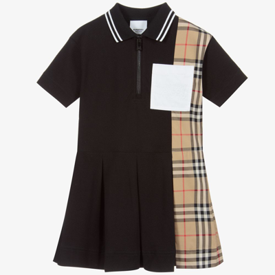 Shop Burberry Girls Black & Beige Check Polo Dress