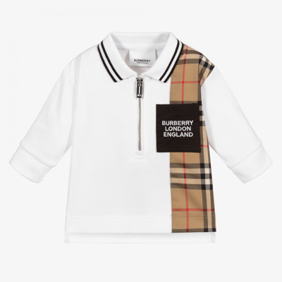 Shop Burberry Boys Baby White Check Polo Shirt