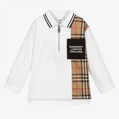 Shop Burberry White & Beige Check Polo Shirt
