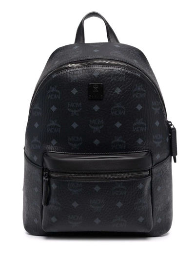 Mcm Men's Logo Monogram Medium Leather Backpack In Nero