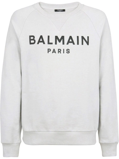 Shop Balmain Logo Print Grey Crew Neck Sweatshirt