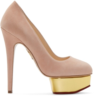 Shop Charlotte Olympia Blush Suede Platform Dolly Pumps