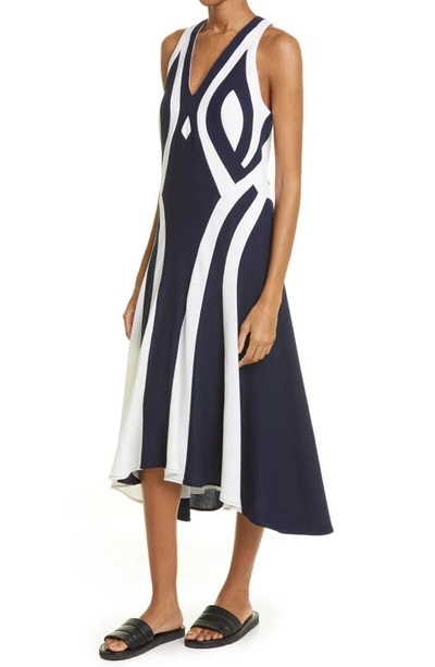 Shop Partow Ayla Colorblock Sleeveless Wool Midi Dress In Navy Snow