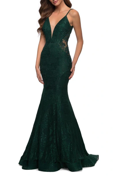 Shop La Femme Sleeveless Lace Mermaid Gown In Emerald