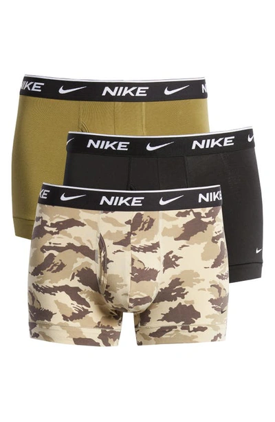 Shop Nike 3-pack Dri-fit Essential Stretch Cotton Trunks In Khaki Camo/ Cargo Khaki/ Black