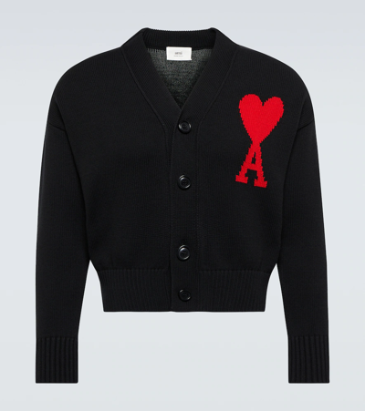 Shop Ami Alexandre Mattiussi Ami De Coeur Cotton And Wool Cardigan In Black/red