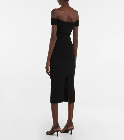 Shop Galvan Ribbed-knit Off-shoulder Midi Dress In Black