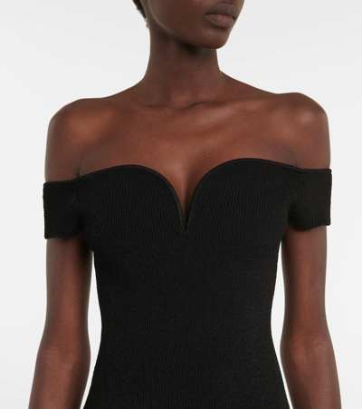 Shop Galvan Ribbed-knit Off-shoulder Midi Dress In Black