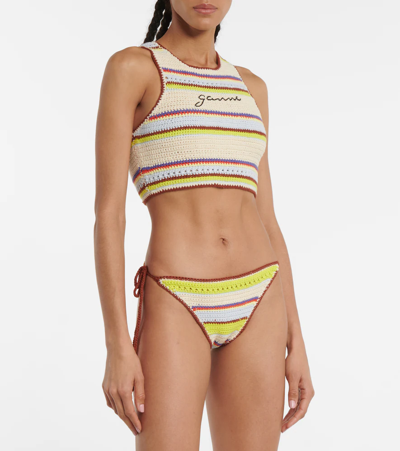 Shop Ganni Striped Crochet Bikini Bottoms In Multicolour