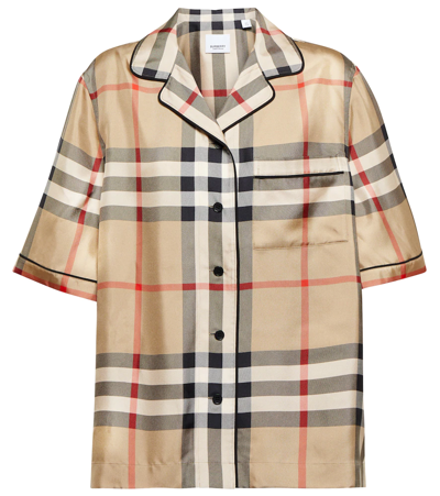 Shop Burberry Vintage Check Silk Twill Pajama Shirt In Archive Beige Ip Chk