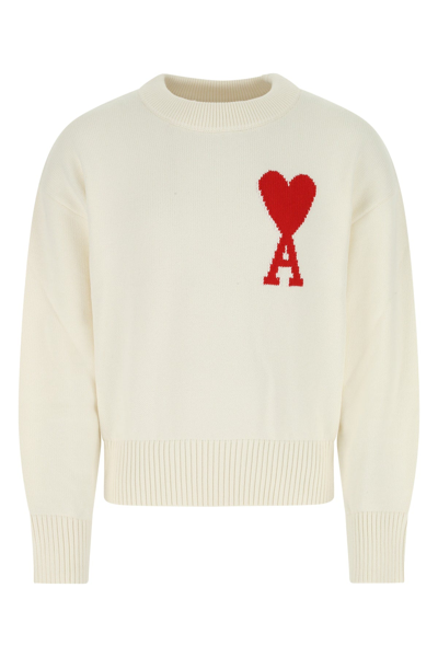 Shop Ami Alexandre Mattiussi Ami Logo Intarsia Long Sleeved Crewneck Sweater In White