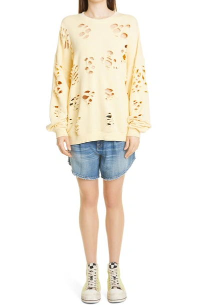 Shop R13 Super Distressed Oversized Cotton Blend Sweatshirt In Washed Yellow