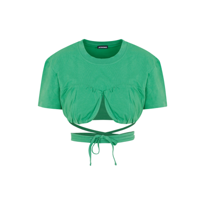 Shop Jacquemus Gathered Detail Crewneck Cropped T In Green