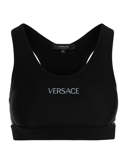 Shop Versace La Greca Logo Printed Sports Bra In Black