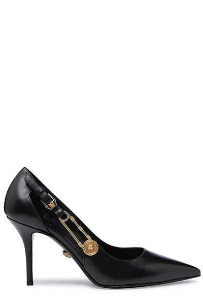 Shop Versace Safety Pin Pointed Toe Pumps In Black